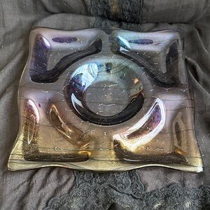 Iridescent Art Glass Square Dish - Purple, Gold & Blue Sheen signed Bibbi 2013